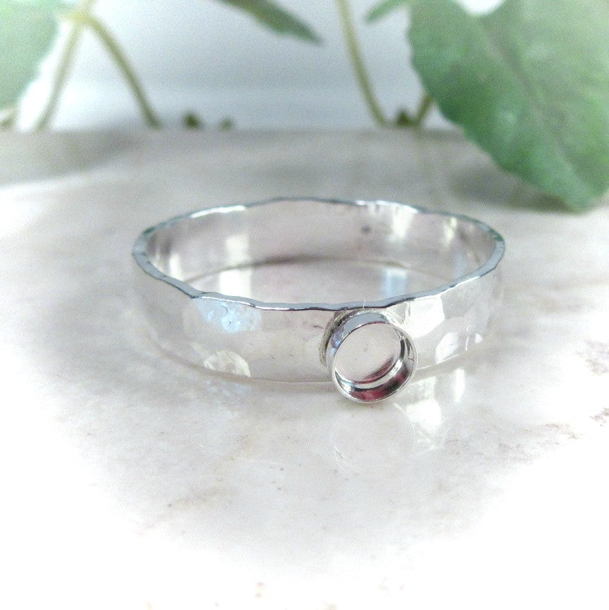 Wide Band Bezel Cup Ring Setting - 3mm Hammered Choose Your Bezel Cup and Metal