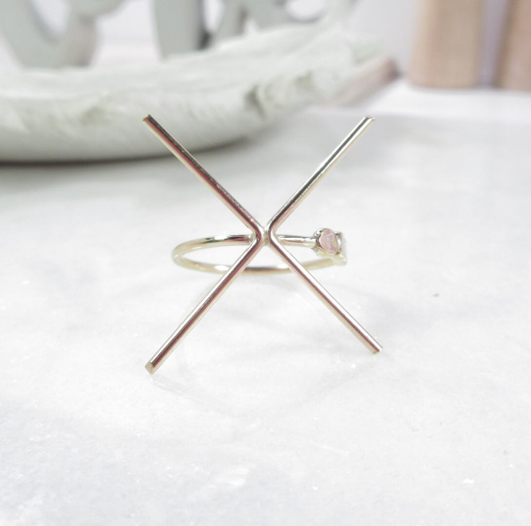 Raw Gemstone Ring - Three Dots, 1.5mm Band, Solid 14k Gold