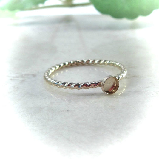 Bezel Cup Ring Setting - Dot Twist, Round, 1mm Band, Choose Your Cup, Solid 14k Gold
