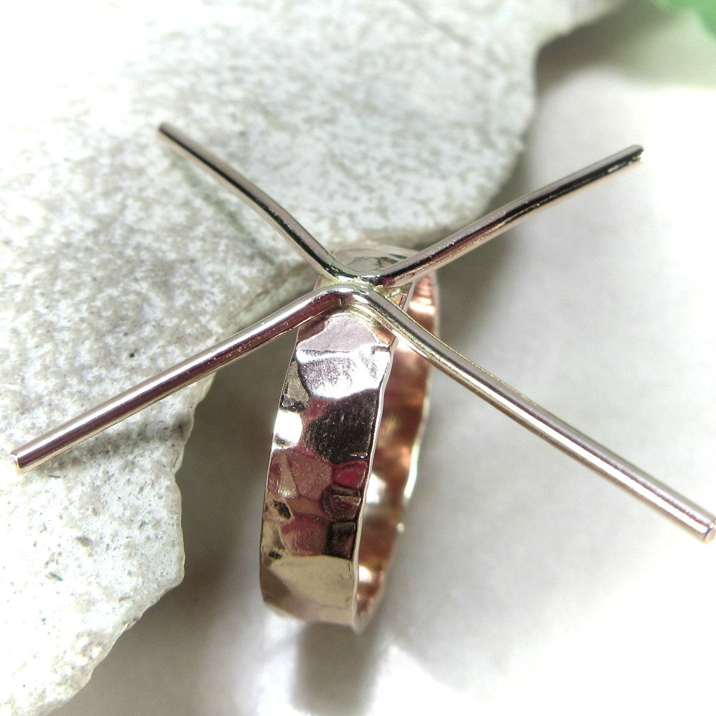 Raw Gemstone Ring - Hammered Flat, 4mm Band, Solid 14k Gold